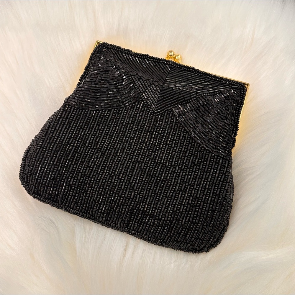 Chic Black Beaded Clutch with Gold Chain